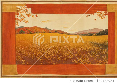Autumn rural landscape and mountain ranges with autumn leaves 129422923