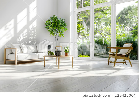 Minimal Scandinavian living room interior with natural light and empty space for text, ideal for real estate ads or website banners. Minimal Scandinavian living room interior with natural light and empty space for text, ideal for real estate ads or website banners. 129423004