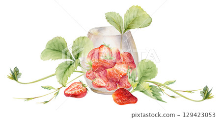 Strawberry full and cut in half served in glass with leaves hand drawn in watercolor. Ripe picked berry pineberry strasberry snakeberry harvest. Isolated illustration. Farmers market grocery preserves Strawberry full and cut in half served in glass with leaves hand drawn in watercolor. Ripe picked berry pineberry strasberry snakeberry harvest. Isolated illustration. Farmers market grocery preserves 129423053