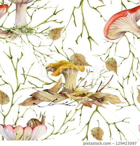 Golden chanterelle girolle, russula cortinarius webcap mushroom on top of fallen autumn leaves pile. Fungi nature seamless pattern hand drawn in watercolor. Brambles, twisting branches twigs net grid 129423097