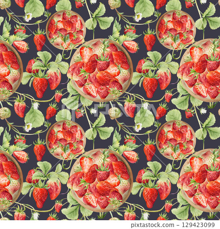 Strawberry berries leaves served on ceramic dish, hand drawn in watercolor, ripe picked pineberry strasberry harvest. Seamless pattern tile isolated on dark. Fabrics, cookbook, farmers market grocery 129423099