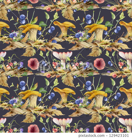 Golden chanterelle girolle mushroom, blueberry berries. Forest floor habitat, fallen autumn leaves pile with twigs, branches. Fungi nature seamless pattern hand drawn in watercolor, isolated on dark 129423101