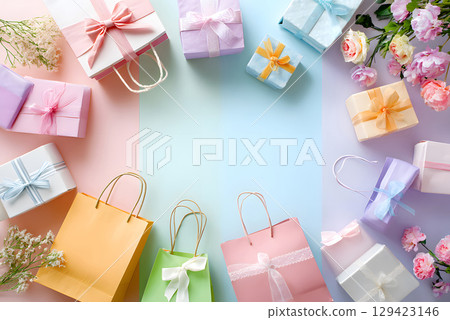 Colorful shopping items arranged with empty space for promotional text, ideal for marketing banners, sales ads, or social media. 129423146