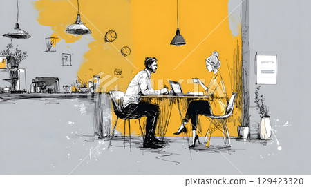 Stylized illustration of a freelancer working on a laptop in a cozy, creative space with plants and warm lighting. Concept of remote work and independent lifestyle. 129423320