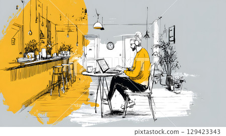 Stylized illustration of a freelancer working on a laptop in a cozy, creative space with plants and warm lighting. Concept of remote work and independent lifestyle. Stylized illustration of a freelancer working on a laptop in a cozy, creative space with plants and warm lighting. Concept of remote work and independent lifestyle. 129423343