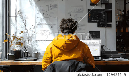 Stylized illustration of a freelancer working on a laptop in a cozy, creative space with plants and warm lighting. Concept of remote work and independent lifestyle. 129423349