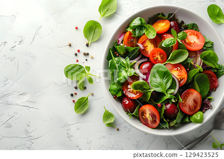 Healthy meal flat lay with blank space for menu or text, ideal for restaurants, cafes, or health food promotions. Healthy meal flat lay with blank space for menu or text, ideal for restaurants, cafes, or health food promotions. 129423525