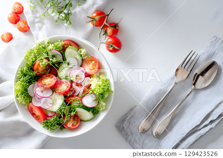 Healthy meal flat lay with blank space for menu or text, ideal for restaurants, cafes, or health food promotions. Healthy meal flat lay with blank space for menu or text, ideal for restaurants, cafes, or health food promotions. 129423526