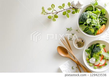 Healthy meal flat lay with blank space for menu or text, ideal for restaurants, cafes, or health food promotions. 129423536