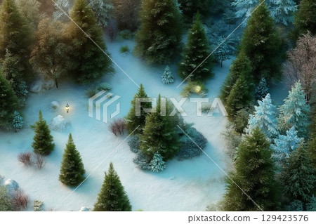 Winter forest covered in snow with cold air and frozen trees. Natural 3D illustration of quiet landscape. 129423576