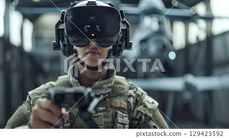Soldier with VR glasses, drone control, realistic photo, military tech style. 129423592