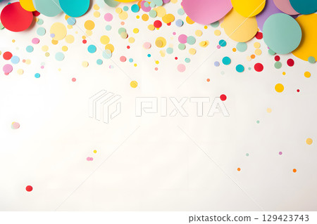 Fun and festive party scene with confetti and props, featuring blank space for celebration message or invitation text. 129423743