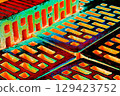Stack of red bricks for construction, hollow brick.  129423752