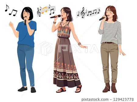 三位年輕女子用麥克風唱歌的向量插圖集 三位年輕女子用麥克風唱歌的向量插圖集 129423778