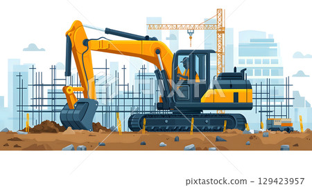 Construction site with crane, excavator, and scaffolding. design for building and development projects. Construction site with crane, excavator, and scaffolding. design for building and development projects. 129423957
