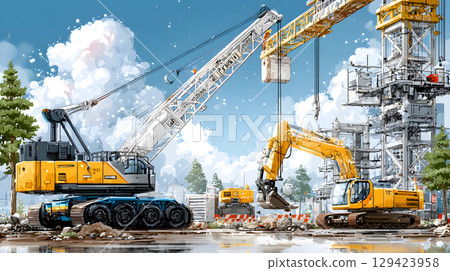 Construction site with crane, excavator, and scaffolding. design for building and development projects. Construction site with crane, excavator, and scaffolding. design for building and development projects. 129423958