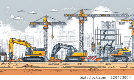 Construction site with crane, excavator, and scaffolding. design for building and development projects. 129423964