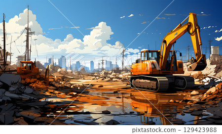 Construction site with crane, excavator, and scaffolding. design for building and development projects. 129423988
