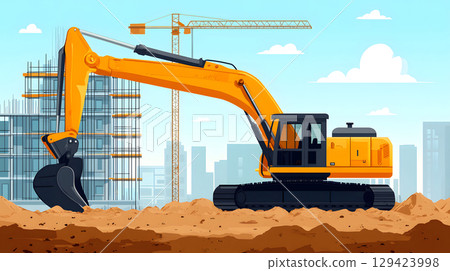 Construction site with crane, excavator, and scaffolding. design for building and development projects. Construction site with crane, excavator, and scaffolding. design for building and development projects. 129423998