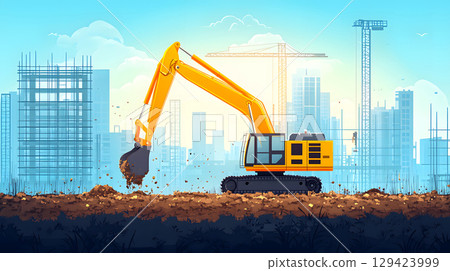 Construction site with crane, excavator, and scaffolding. design for building and development projects. 129423999