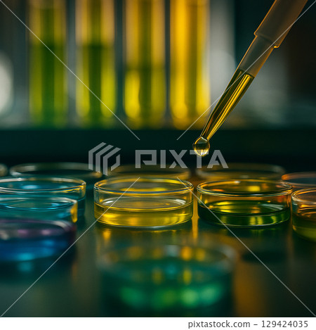 AI generated closeup of dropper releasing liquid into petri dish with colorful chemicals under lab lighting emphasizing precision creativity and scientific aesthetics 129424035