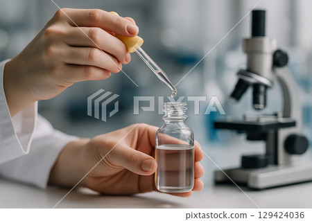 AI generated close up of scientist hands using dropper with clear liquid in glass bottle laboratory background conveys precision cleanliness and scientific atmosphere 129424036