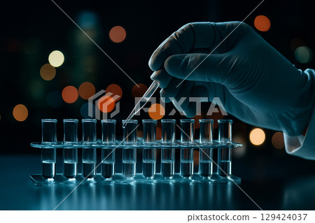 AI generated ultra realistic close up of a gloved hand using a pipette in a modern lab at night with glass test tubes and neon bokeh background 129424037