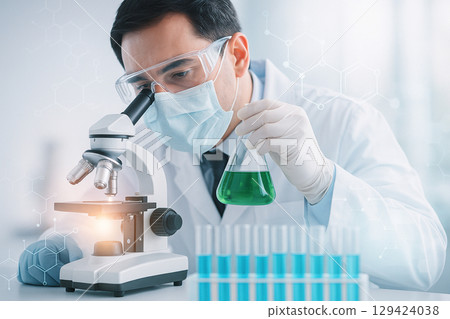 AI generated scientist in sterile lab analyzing specimen with microscope and holding green liquid in flask expressing precision innovation and dedication in scientific research 129424038