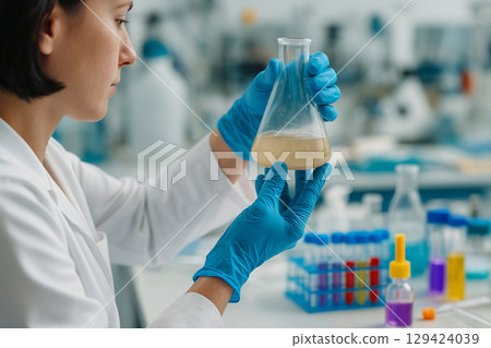 AI generated female scientist with blue gloves examining opaque liquid in laboratory flask surrounded by colorful chemical containers conveying precision cleanliness and advanced research environment 129424039