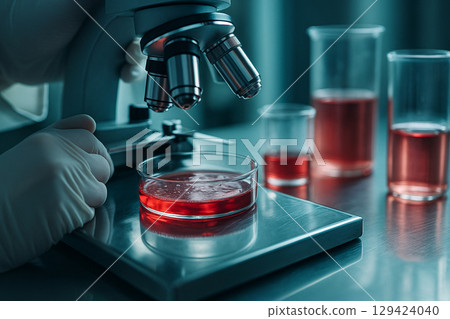 AI generated high detail image of a lab scene with a petri dish red liquid and microscope showing scientific research accuracy and sterile biomedical environment 129424040
