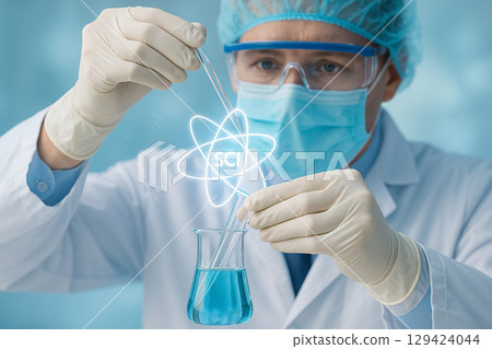 AI generated a scientist in full protective gear dropping liquid into a beaker with glowing atom graphics representing advanced science and biotechnology in a clean modern lab 129424044