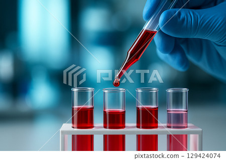 AI generated scene showing red droplet from pipette falling into glass test tube in sterile lab setting symbolizing precision biotechnology and medical research 129424074
