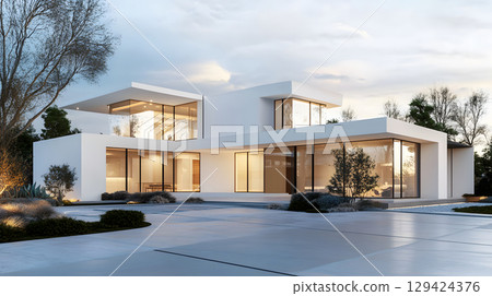 Modern single house with large windows, clean facade, and grey roof in front view. Minimal architecture projects. 129424376