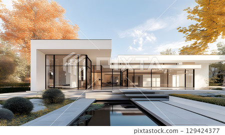 Modern single house with large windows, clean facade, and grey roof in front view. Minimal architecture projects. 129424377