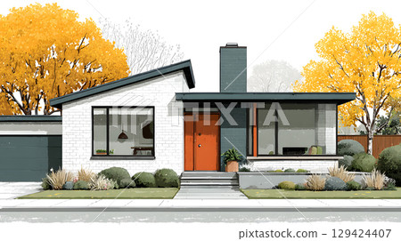 Modern single house with large windows, clean facade, and grey roof in front view. Minimal architecture projects. 129424407