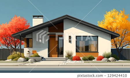 Modern single house with large windows, clean facade, and grey roof in front view. Minimal architecture projects. 129424410