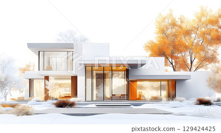 Modern single house with large windows, clean facade, and grey roof in front view. Minimal architecture projects. 129424425