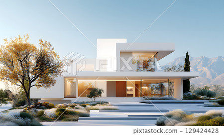 Modern single house with large windows, clean facade, and grey roof in front view. Minimal architecture projects. 129424428