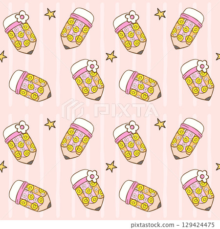 Cute Groovy Pencil Back to School Seamless Pattern Smile Face School Supplies Girly Hand Drawn Doodle wallpaper. Cute Groovy Pencil Back to School Seamless Pattern Smile Face School Supplies Girly Hand Drawn Doodle wallpaper. 129424475