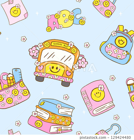Cute Groovy School Bus Back to School Seamless Pattern Smile Face School Supplies Girly Hand Drawn Doodle wallpaper. 129424480