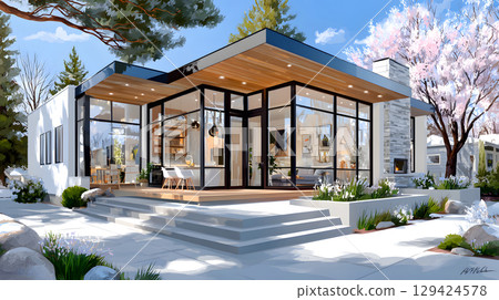 Modern single house with large windows, clean facade, and grey roof in front view. Minimal architecture projects. 129424578