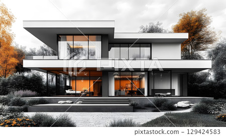 Modern single house with large windows, clean facade, and grey roof in front view. Minimal architecture projects. 129424583