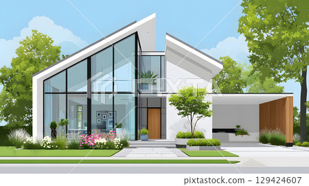 Modern single house with large windows, clean facade, and grey roof in front view. Minimal architecture projects. 129424607