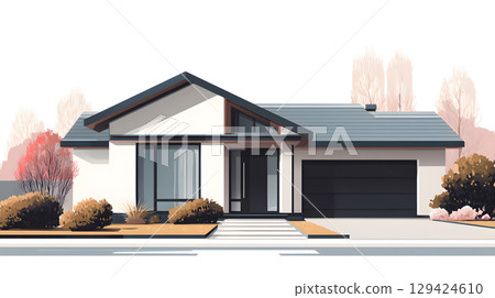 Modern single house with large windows, clean facade, and grey roof in front view. Minimal architecture projects. 129424610