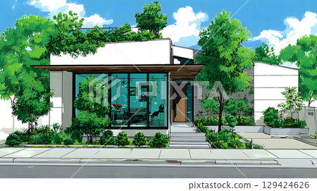 Modern single house with large windows, clean facade, and grey roof in front view. Minimal architecture projects. 129424626