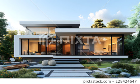 Modern single house with large windows, clean facade, and grey roof in front view. Minimal architecture projects. 129424647