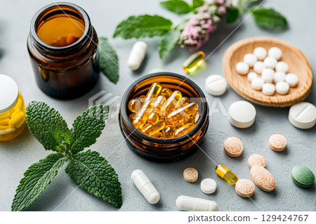 Variety of pills and capsules are displayed on a table 129424767