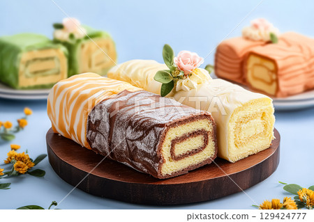 Three different types of cakes are displayed on a wooden table 129424777