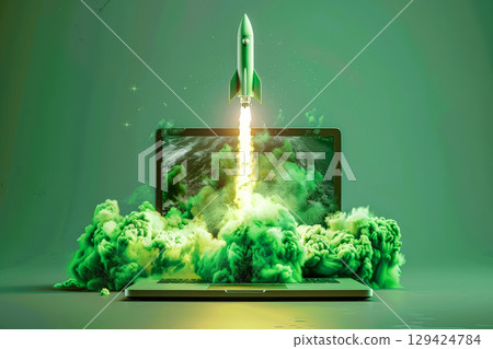 Green rocket is launched into the air, with a laptop screen showing the launch Green rocket is launched into the air, with a laptop screen showing the launch 129424784