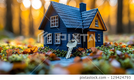 Small blue house with a key on the front door Small blue house with a key on the front door 129424793